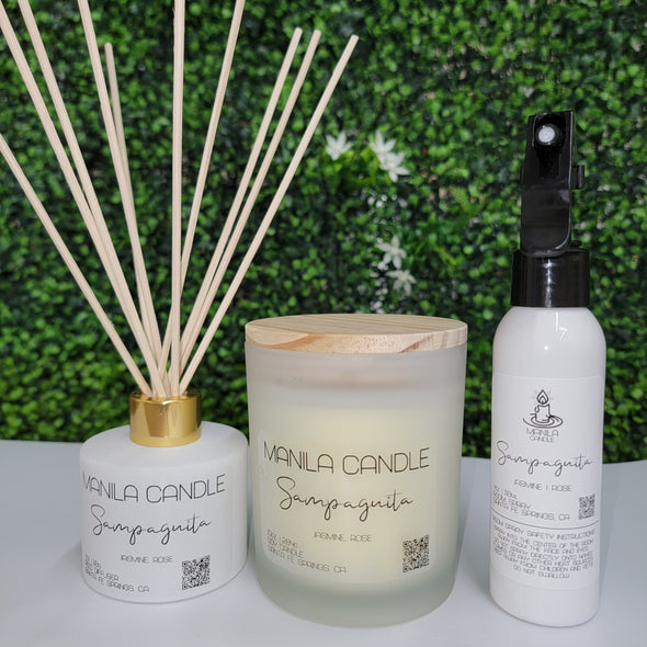 Sampaguita Bundle | Sampaguita - 10oz Candle, Room Spray, Reed Diffuser